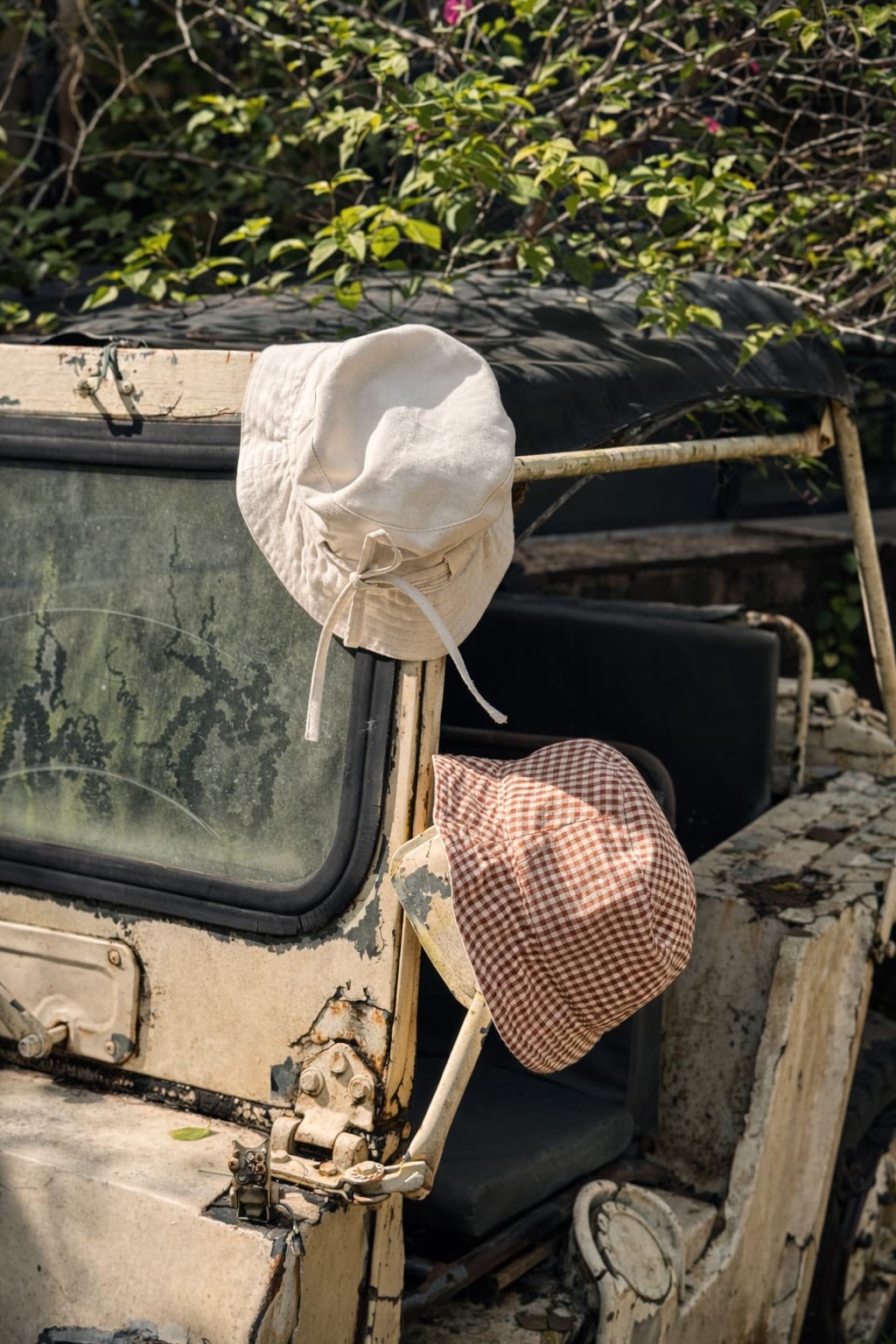 Reversible Bucket Hat in Beige, inside Blue Krama, handmade in Cambodia (view 3)