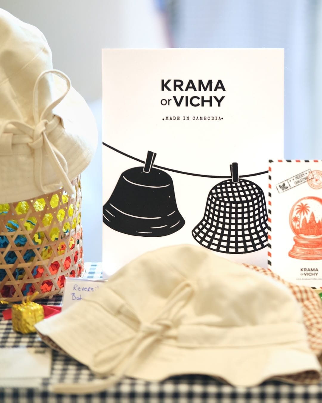 Reversible Bucket Hat in Beige, inside Blue Krama, handmade in Cambodia (view 4)