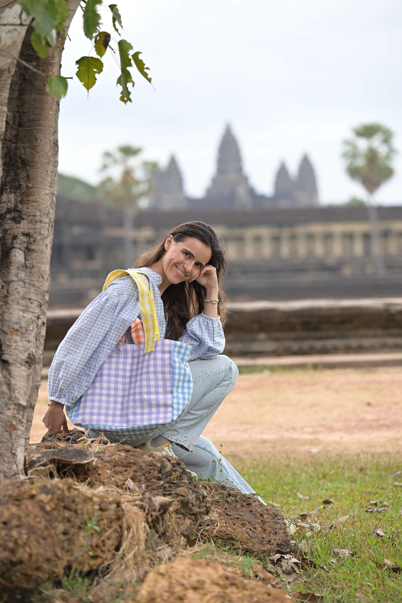 Cabas Medium in Brown Vichy, handmade in Cambodia