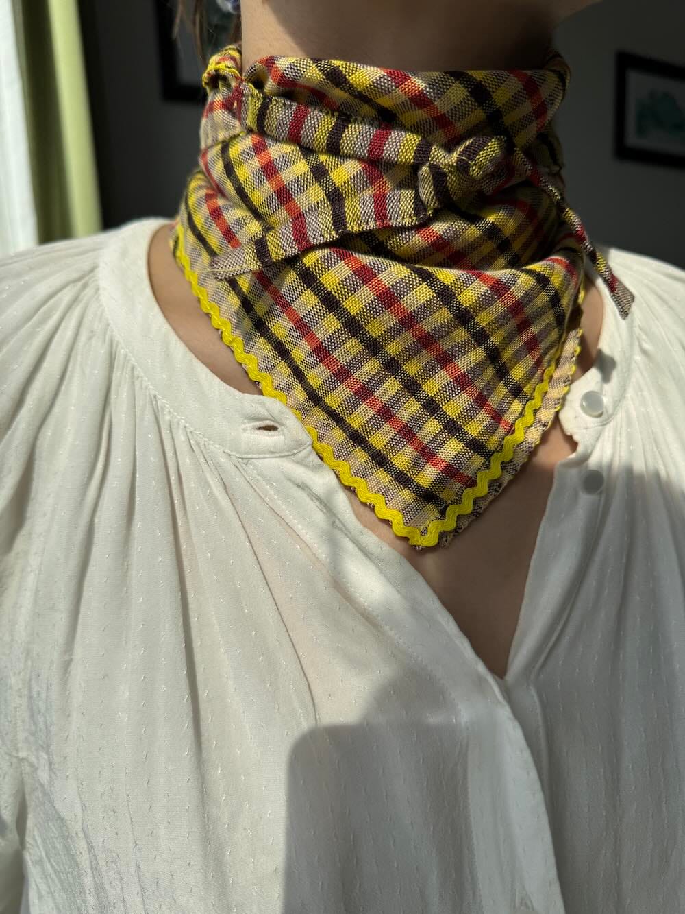 Small Krama Square with French Crochet in Yellow, handmade in Cambodia (view 4)
