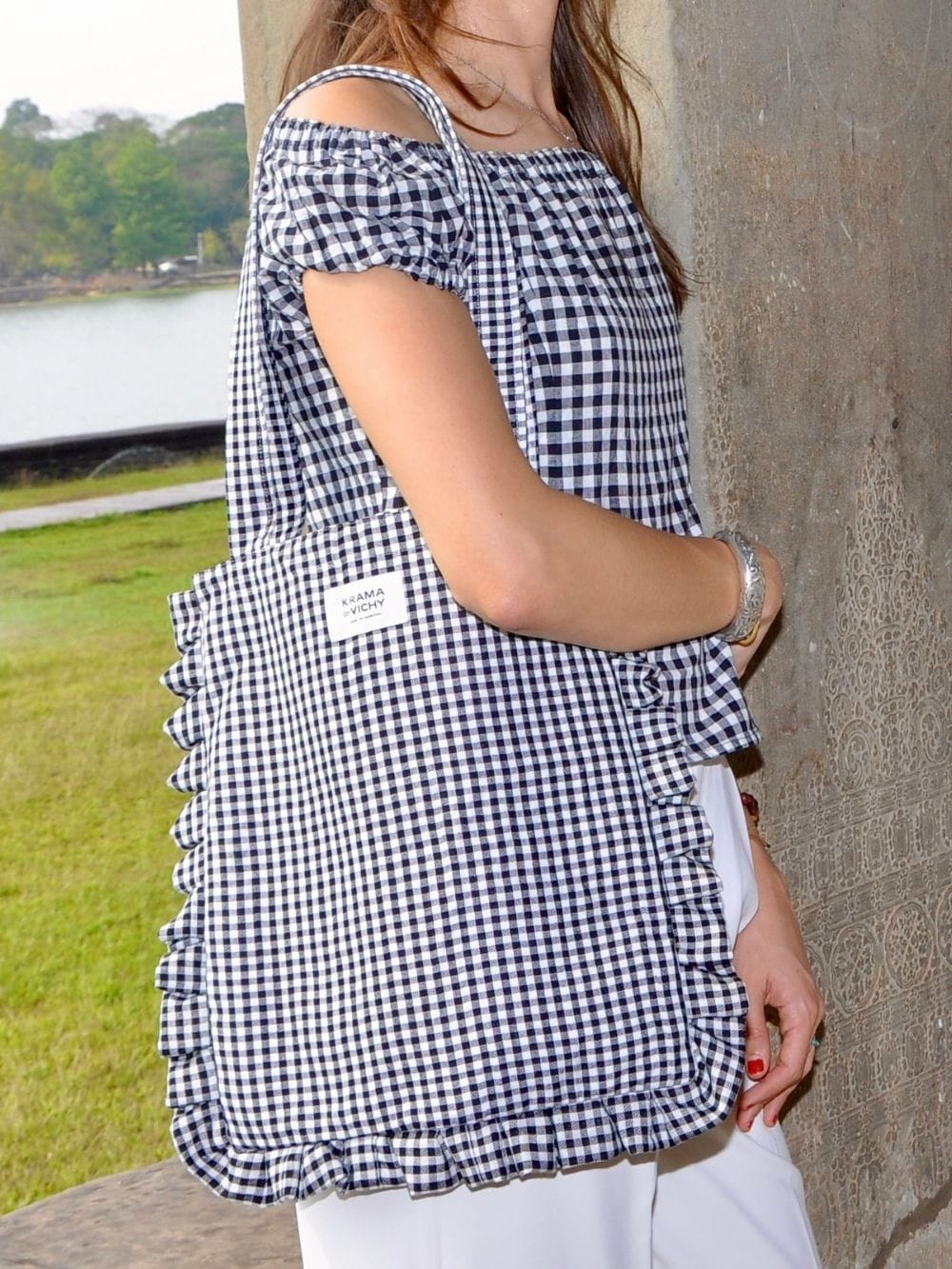 Krama Tote Bag in Navy, handmade in Cambodia (view 5)